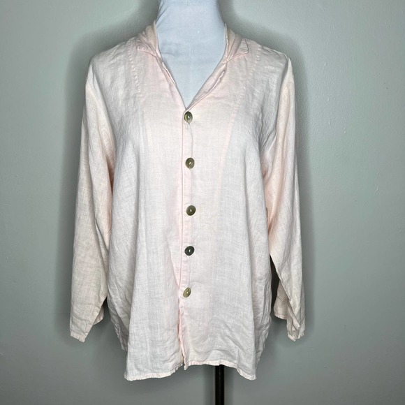 Flax Tops - FLAX by Jeanne Engelhart Button Down Shirt 100% Linen SMALL Light Pink Oversized